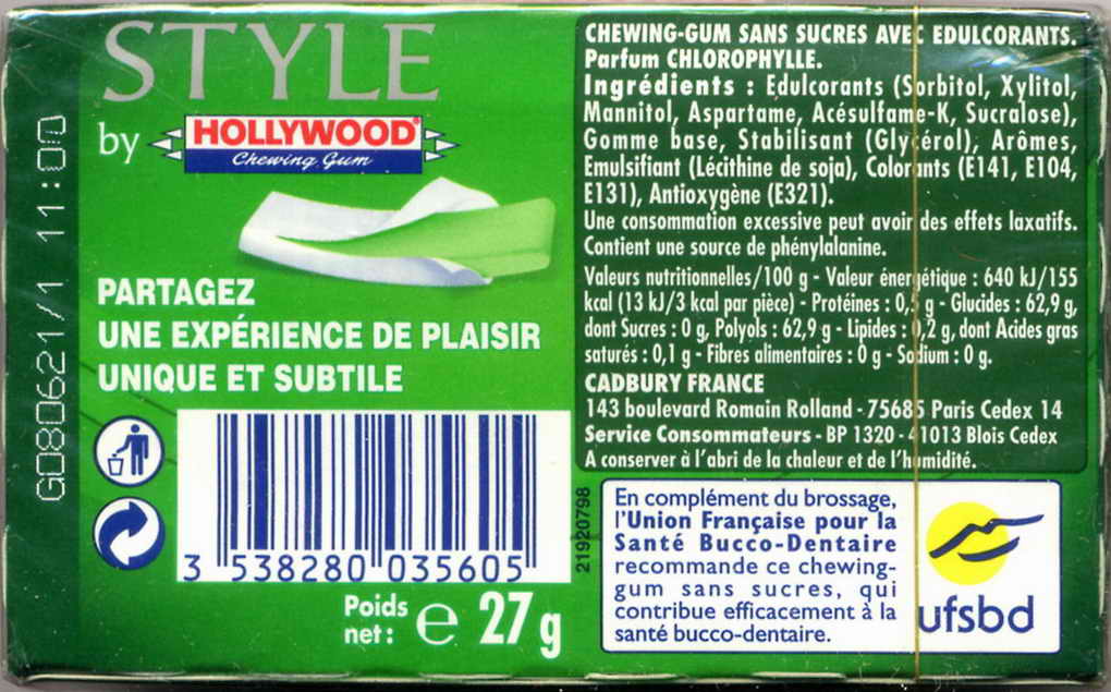 Hollywood tablette chlorophylle - Cadbury - Chewing gum